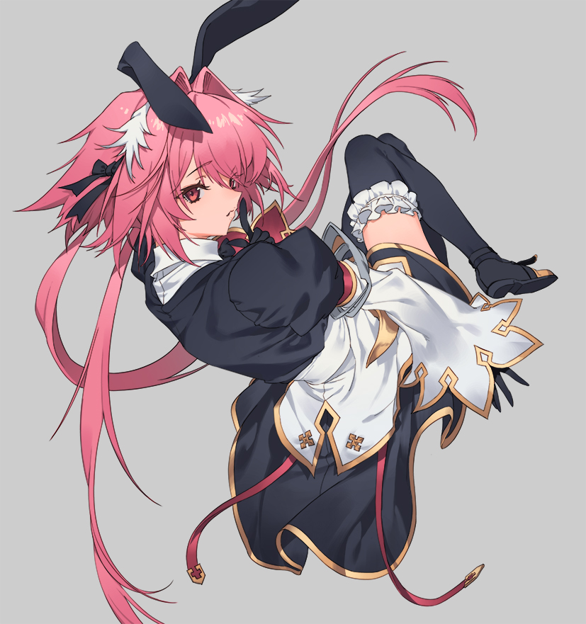 1boy animal_ears astolfo_(saber)_(fate) back black_legwear bow crossdressinging dress fate/grand_order fate_(series) grey_background hair_bow long_hair male_focus olys otoko_no_ko pink_eyes pink_hair rabbit_ears simple_background solo thigh-highs white_hair