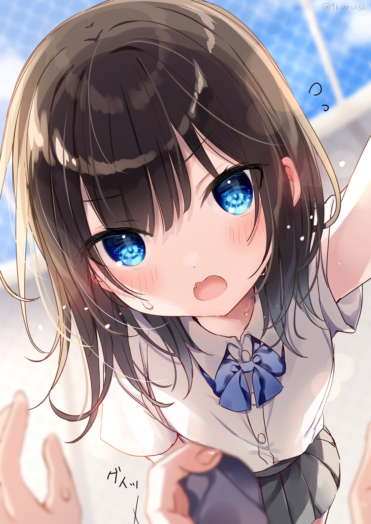 1girl bangs black_hair blue_bow blue_eyes blurry blurry_background blurry_foreground blush bow chain-link_fence collared_shirt commentary_request day depth_of_field dress_shirt eyebrows_visible_through_hair fang fence flying_sweatdrops grey_skirt highres holding looking_at_viewer mafuyu_(chibi21) open_mouth original outdoors pleated_skirt pov reaching_out shirt short_sleeves skirt solo_focus standing sweat twitter_username v-shaped_eyebrows white_shirt