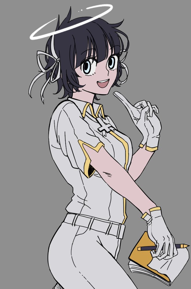 1girl angel azazel_(helltaker) black_hair blue_eyes cross gloves grey_background halo helltaker holding_notepad hungry_dawson notepad open_mouth pants pencil ribbon short_hair short_sleeves smile solo white_gloves white_pants white_ribbon