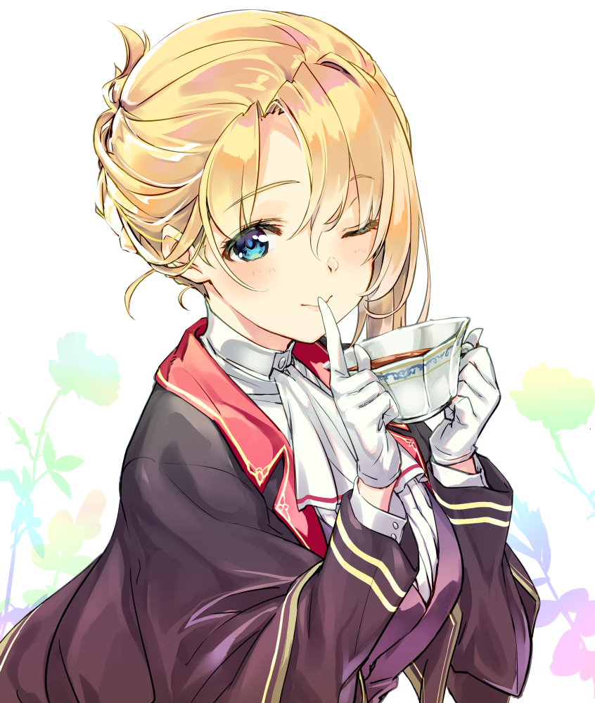 1girl ;) agent_(ash_arms) ascot ash_arms bangs black_jacket black_vest blonde_hair blue_eyes closed_mouth commentary cup dress_shirt eyebrows_visible_through_hair finger_to_mouth gloves high_collar holding holding_cup ichimasa_game jacket leaning_forward long_sleeves looking_at_viewer one_eye_closed shirt short_hair shushing sidelocks sitting smile solo teacup tied_hair vest white_background white_gloves white_neckwear white_shirt