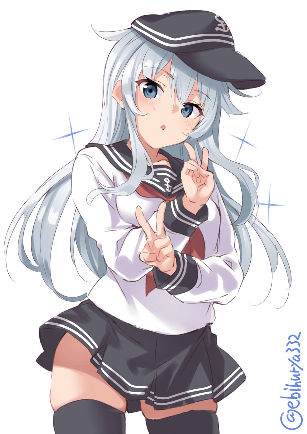 1girl anchor_symbol black_headwear black_legwear black_sailor_collar black_skirt blue_eyes blush cowboy_shot double_v ebifurya eyebrows_visible_through_hair flat_cap hair_between_eyes hat hibiki_(kantai_collection) highres kantai_collection long_hair long_sleeves neckerchief open_mouth pleated_skirt red_neckwear sailor_collar school_uniform serafuku silver_hair simple_background skirt solo thigh-highs twitter_username v white_background