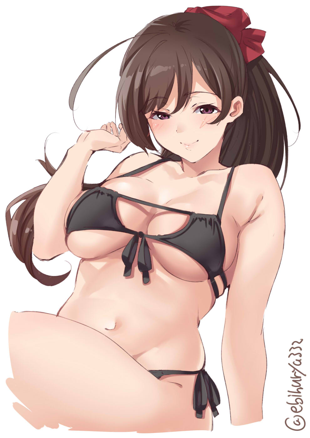 1girl ahoge bikini black_bikini blush breasts brown_eyes brown_hair collarbone ebifurya eyebrows_visible_through_hair front-tie_bikini front-tie_top groin hair_ribbon highres kantai_collection large_breasts long_hair mamiya_(kantai_collection) multi-strapped_bikini navel red_ribbon ribbon side-tie_bikini simple_background solo swimsuit twitter_username white_background