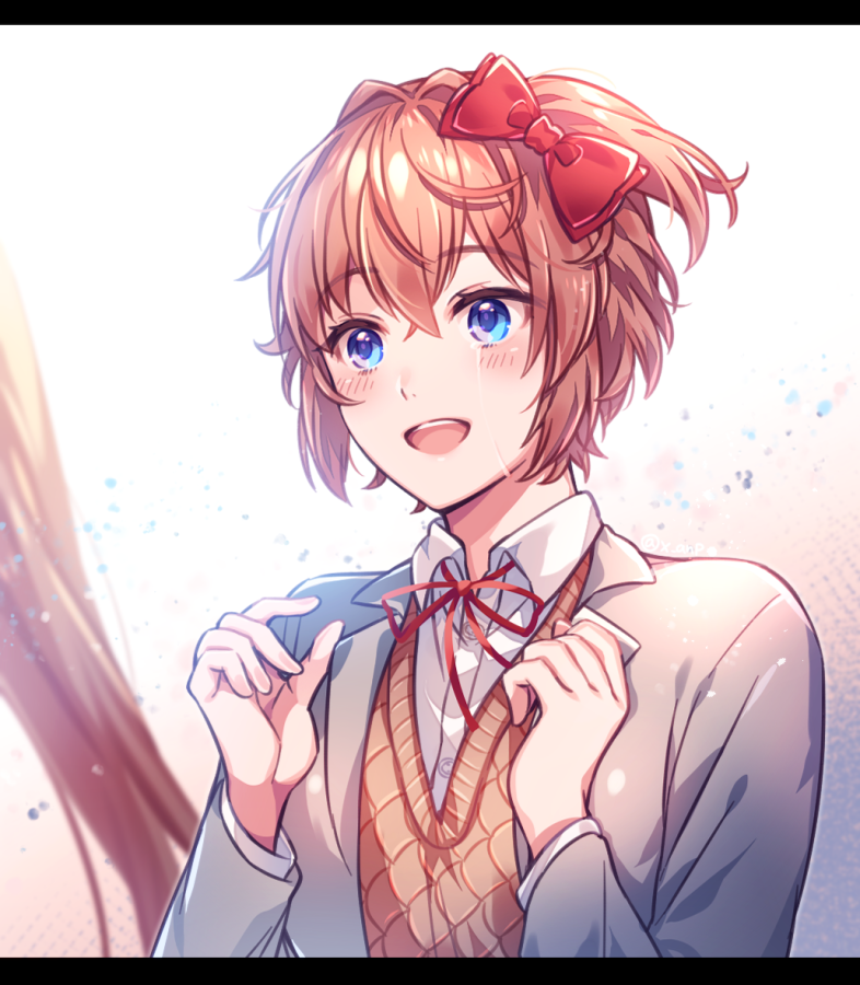 1girl :d aicedrop bangs blue_eyes bow brown_hair crying crying_with_eyes_open doki_doki_literature_club eyebrows_visible_through_hair grey_jacket hair_between_eyes hair_bow hands_up jacket letterboxed long_sleeves neck_ribbon open_mouth red_bow red_neckwear red_ribbon ribbon sayori_(doki_doki_literature_club) school_uniform shirt short_hair simple_background smile solo tears upper_body white_shirt wing_collar