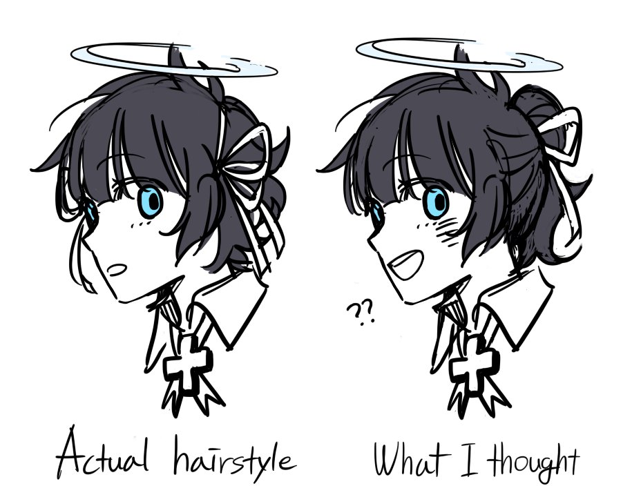 1girl ? alternate_hair_length alternate_hairstyle angel azazel_(helltaker) black_hair blue_eyes cross english_text halo helltaker hungry_dawson open_mouth ponytail ribbon short_hair smile white_background white_ribbon