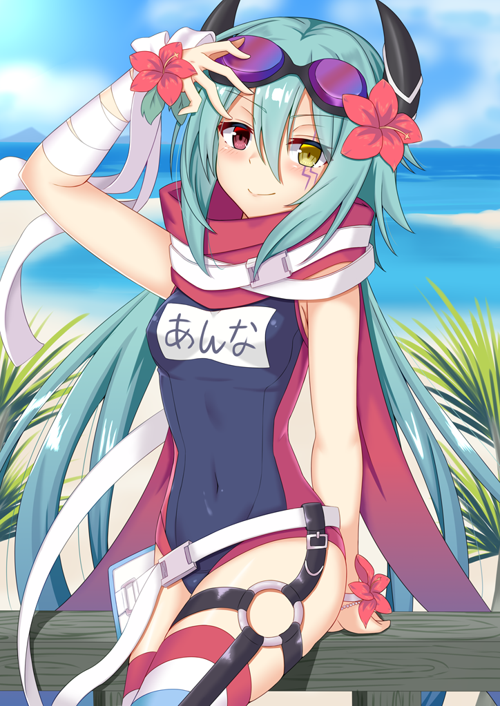 1girl anna_(princess_connect!) aqua_hair arm_up bandaged_arm bandages bangs bare_arms bare_shoulders blue_swimsuit blush breasts closed_mouth commentary_request day eyebrows_visible_through_hair facial_mark flower goggles goggles_on_head hair_between_eyes hair_flower hair_ornament heterochromia horns iseshi long_hair low_twintails mountain name_tag navel one-piece_swimsuit outdoors princess_connect! princess_connect!_re:dive red_eyes red_flower red_scarf scarf small_breasts smile solo striped striped_legwear swimsuit thigh-highs twintails very_long_hair water yellow_eyes