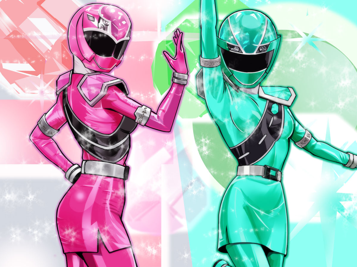 2girls 35-miya-7375 green_skirt hand_on_hip hand_up hayami_sena helmet kiramei_green kiramei_pink looking_at_viewer mashin_sentai_kiramager multiple_girls ooharu_sayo pink_skirt sash sentai skirt super_sentai tokusatsu visor