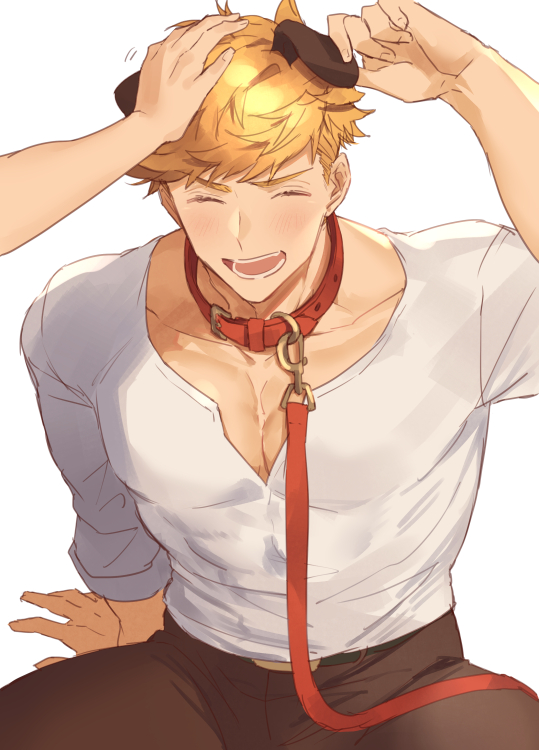 1boy 1other animal_ears bangs bara blonde_hair blush brown_pants chest closed_eyes collar collarbone covered_abs dog_collar granblue_fantasy green_eyes hand_up higashigunkan laughing long_sleeves looking_at_viewer male_focus manly muscle open_clothes open_mouth pants pectorals petting shirt solo toned toned_male upper_body v-neck vane_(granblue_fantasy) white_background white_shirt