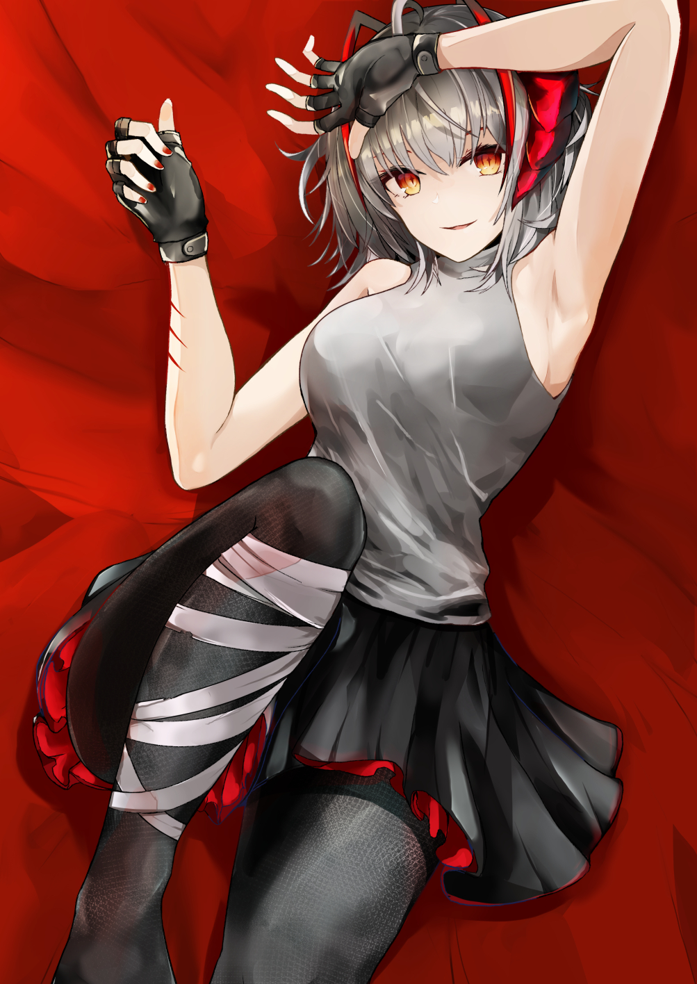 1girl ahoge akasabi arknights arm_up armpits bandaged_leg bandages bangs bare_arms bare_shoulders bed_sheet black_legwear black_skirt breasts commentary_request fingerless_gloves gloves grey_shirt hand_up highres horns knee_up large_breasts looking_at_viewer lying miniskirt nail_polish on_back orange_eyes pantyhose parted_lips pleated_skirt red_nails shirt short_hair silver_hair skirt sleeveless sleeveless_shirt smile solo thighs w_(arknights)