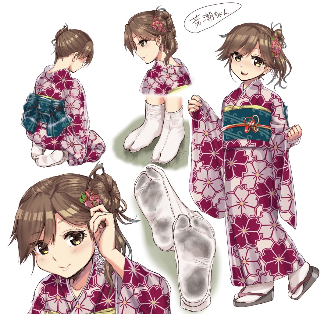 1girl arashio_(kantai_collection) brown_hair dirty_legwear feet flower geta hair_flower hair_ornament japanese_clothes kakisaki_kousei kantai_collection kimono licking looking_at_viewer new_year obi sash side_bun smile tabi white_footwear yellow_eyes