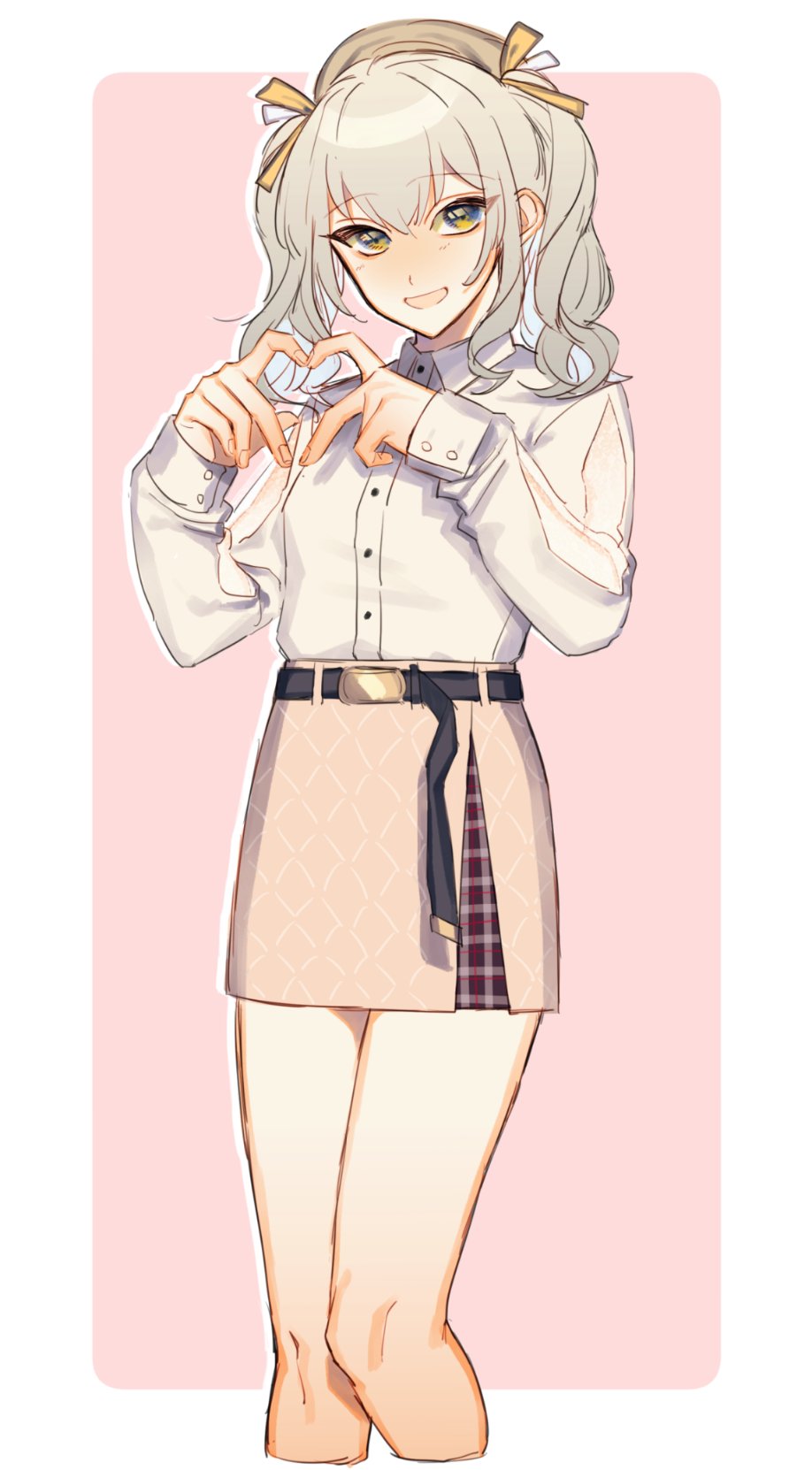 1girl alternate_costume beige_skirt belt beret collared_shirt cowboy_shot eyebrows_visible_through_hair green_eyes hat heart heart_hands highres kantai_collection kashima_(kantai_collection) ribbon shirt sidelocks silver_hair smile solo su_konbu tsurime twintails wavy_hair white_shirt yellow_ribbon