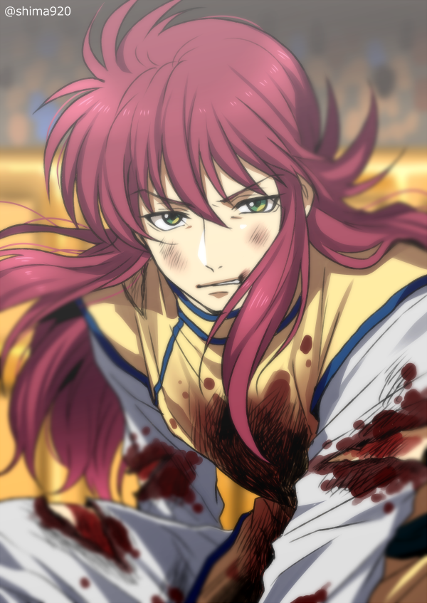 1boy blood bloody_clothes blurry blurry_background bruise chinese_clothes commentary_request dirty dirty_face furrowed_eyebrows green_eyes hair_between_eyes injury kurama long_hair looking_at_viewer male_focus mashima_shima pink_hair serious solo twitter_username v-shaped_eyebrows yuu_yuu_hakusho