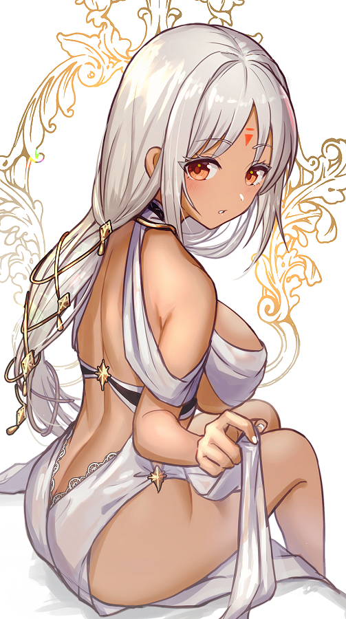 1girl ass azur_lane back bangs bare_shoulders blush body_markings breasts cocktail_dress dark_skin dress evening_gown facial_mark forehead_mark halter_dress large_breasts long_hair looking_at_viewer looking_back massachusetts_(azur_lane) massachusetts_(dressed_to_impress)_(azur_lane) native_american orange_eyes sitting thighs white_dress white_hair yoruhachi