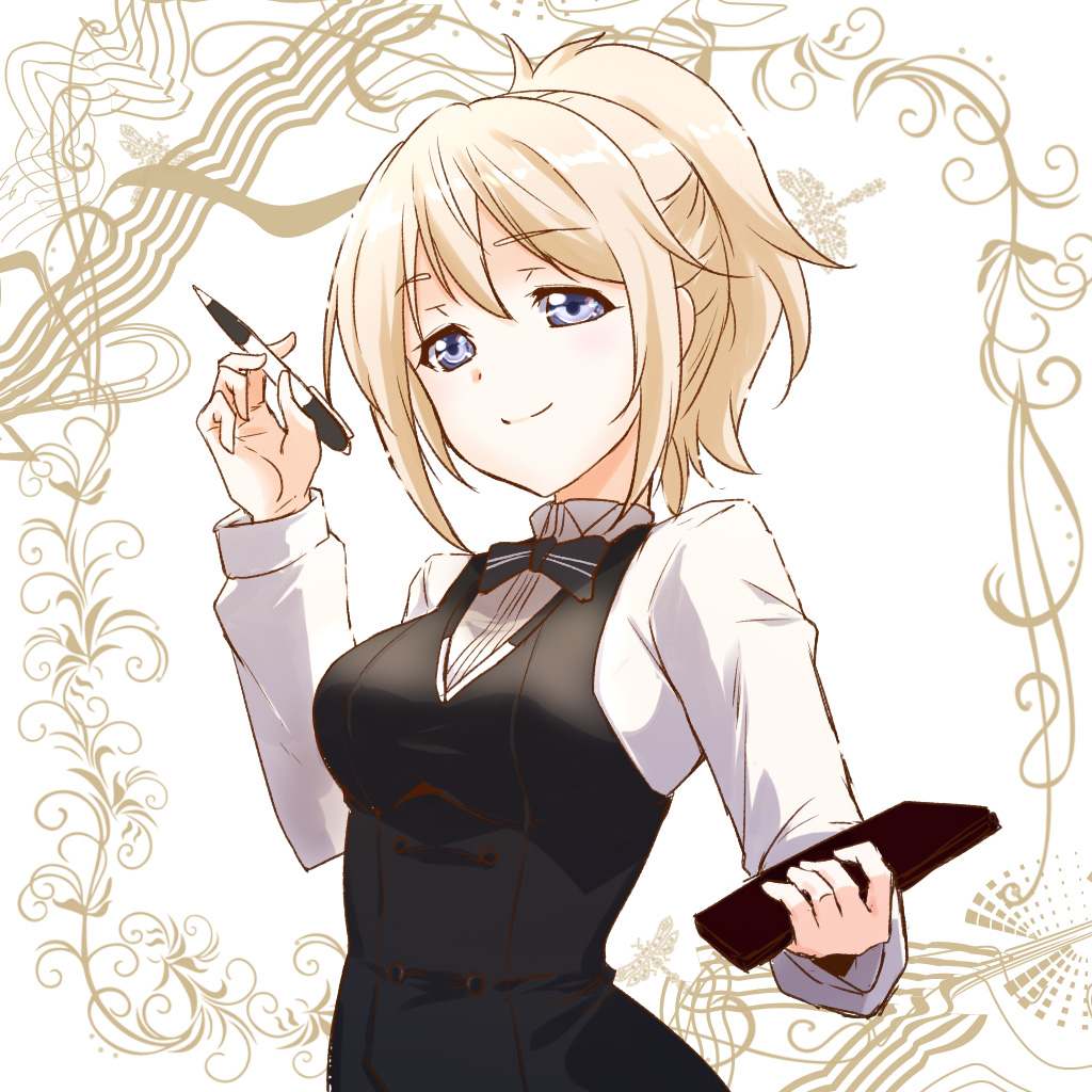 1girl aoyama_blue_mountain bangs black_neckwear black_vest blonde_hair blue_eyes closed_mouth dress_shirt eyebrows_visible_through_hair gochuumon_wa_usagi_desu_ka? hair_between_eyes high_ponytail holding holding_pen long_sleeves pen shiny shiny_hair shirt smile solo upper_body urutsu_sahari vest white_background white_shirt