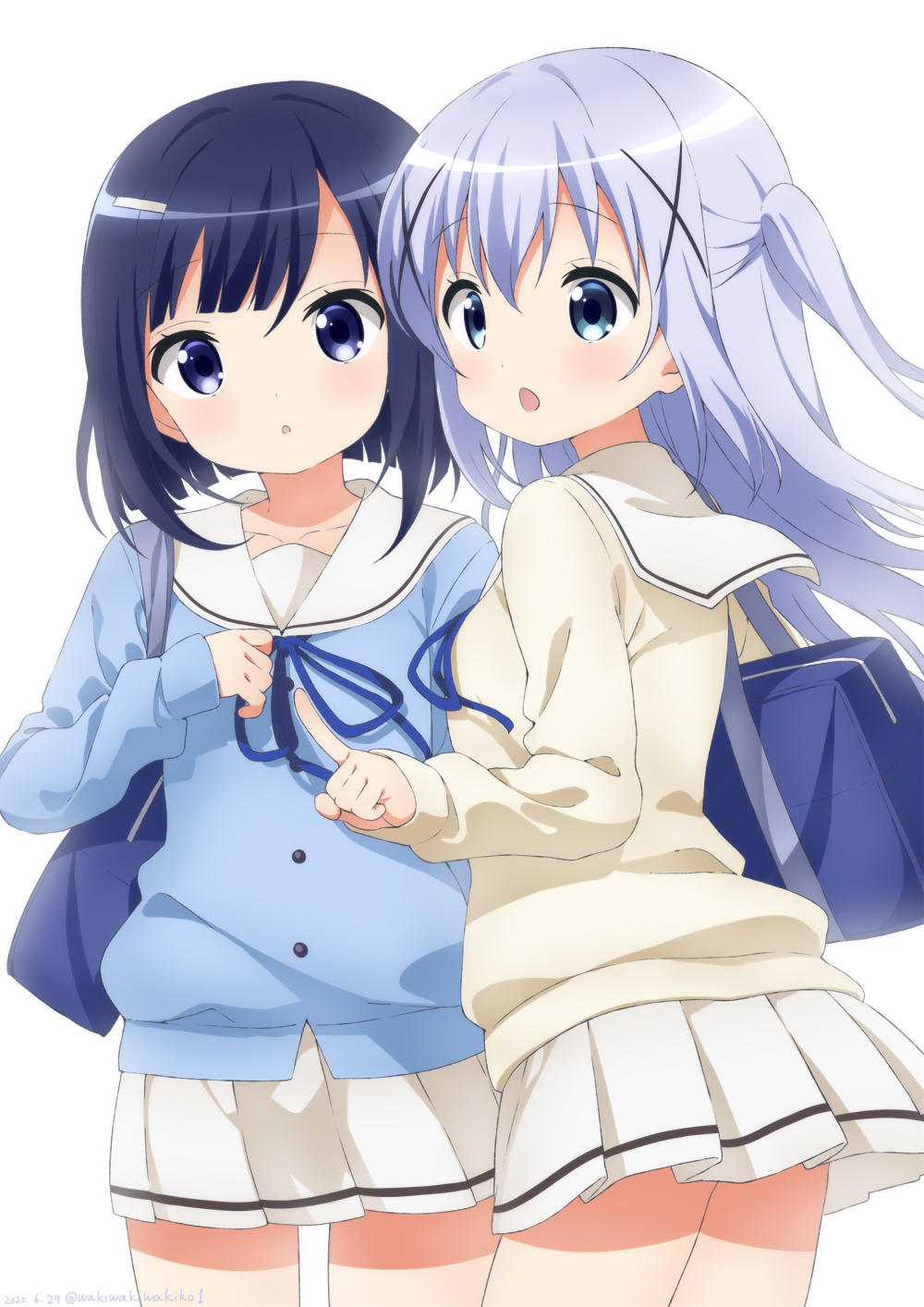 2girls :o bag bangs blue_eyes blue_hair blue_ribbon blue_shirt blush brown_shirt collarbone commentary_request eyebrows_visible_through_hair fuiba_fuyu gochuumon_wa_usagi_desu_ka? hair_between_eyes hair_ornament highres kafuu_chino long_hair long_sleeves looking_at_viewer multiple_girls neck_ribbon neki_(wakiko) parted_lips pleated_skirt pointing ribbon sailor_collar school_bag school_uniform serafuku shirt simple_background skirt sleeves_past_wrists two_side_up very_long_hair white_background white_sailor_collar white_skirt x_hair_ornament