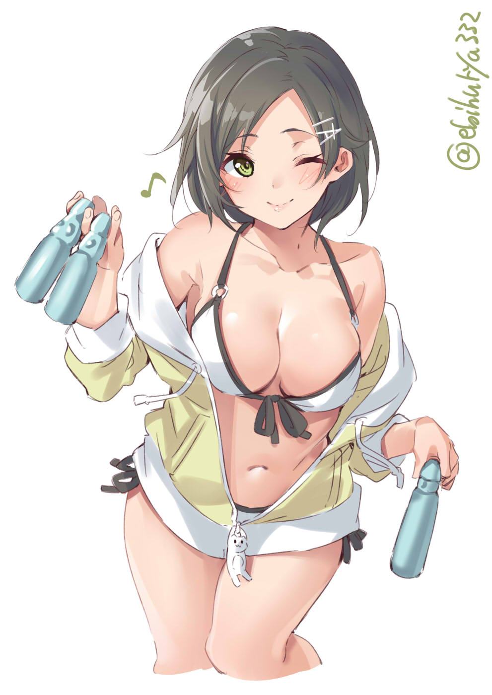 1girl batsubyou bikini black_hair bottle breasts collarbone cowboy_shot ebifurya eighth_note green_eyes hair_ornament hairclip highres jacket kantai_collection kuroshio_(kantai_collection) looking_at_viewer medium_breasts musical_note navel o-ring o-ring_bikini one_eye_closed ramune short_hair side-tie_bikini simple_background solo swimsuit twitter_username white_background white_bikini white_jacket zipper_pull_tab