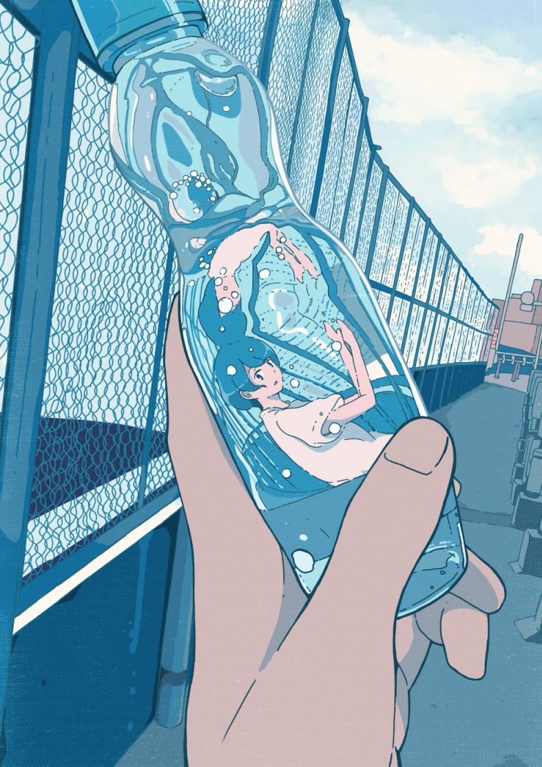 1girl 456 air_bubble blue_hair blue_theme bottle bubble chain-link_fence fence hands_up holding holding_bottle original outdoors pov pov_hands ramune reflection refraction rooftop shirt short_hair white_shirt