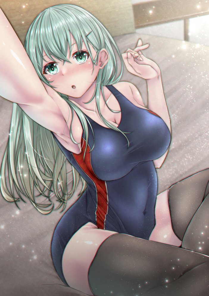 1girl aqua_hair bed commentary_request competition_swimsuit covered_navel cowboy_shot green_eyes grey_legwear grey_swimsuit hair_ornament hairclip kantai_collection long_hair looking_at_viewer one-piece_swimsuit self_shot shohei_(piranha5hk) solo suzuya_(kantai_collection) swimsuit thigh-highs