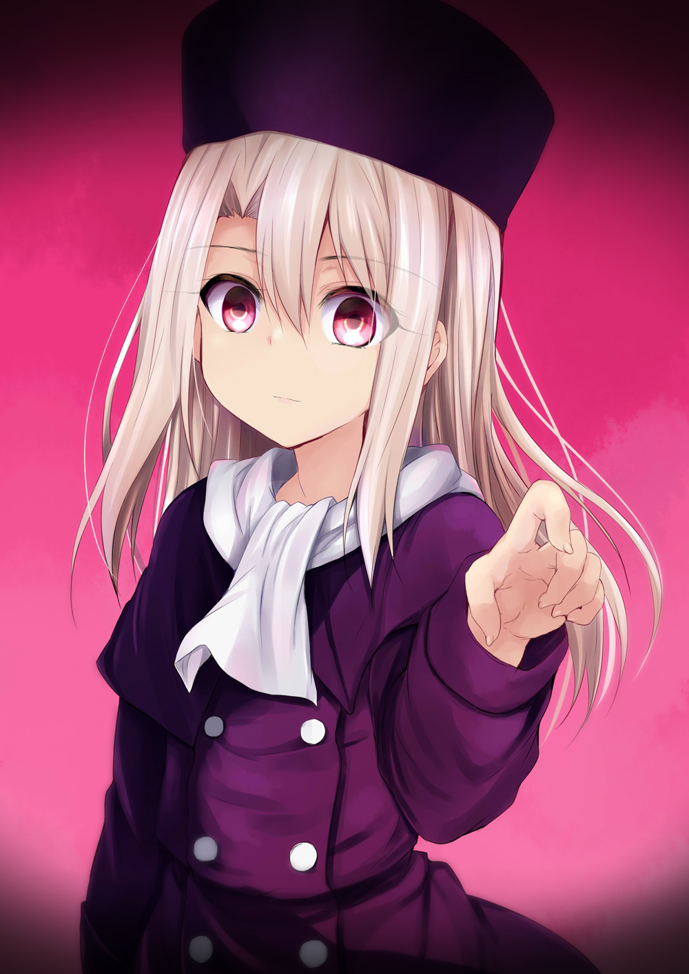 1girl bangs breasts closed_mouth eyelashes fate/stay_night fate_(series) hair_between_eyes hat highres illyasviel_von_einzbern jacket long_hair long_sleeves looking_at_viewer pink_background pointing purple_headwear purple_jacket red_eyes scarf sen_(astronomy) small_breasts white_hair white_scarf