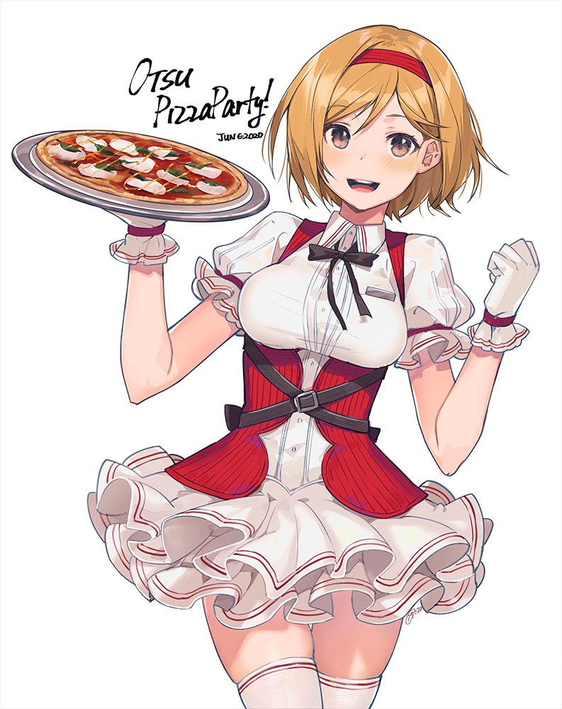 1girl :d alternate_costume blonde_hair brown_eyes clenched_hand djeeta_(granblue_fantasy) dress english_commentary english_text eyebrows_visible_through_hair food gloves granblue_fantasy hairband holding holding_food looking_at_viewer nagu name_tag open_mouth pizza red_hairband short_hair simple_background smile solo thigh-highs white_background white_dress white_gloves white_legwear