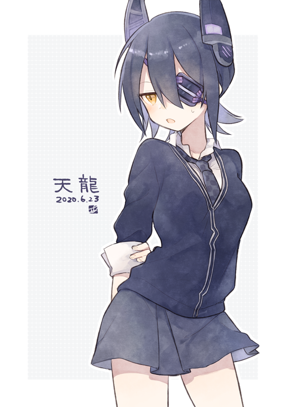 1girl ark_kan arms_behind_back bangs black_skirt breasts character_name checkered checkered_neckwear dated eyepatch hair_between_eyes headgear kantai_collection necktie open_mouth purple_hair short_hair signature simple_background skirt solo sweat tenryuu_(kantai_collection) yellow_eyes