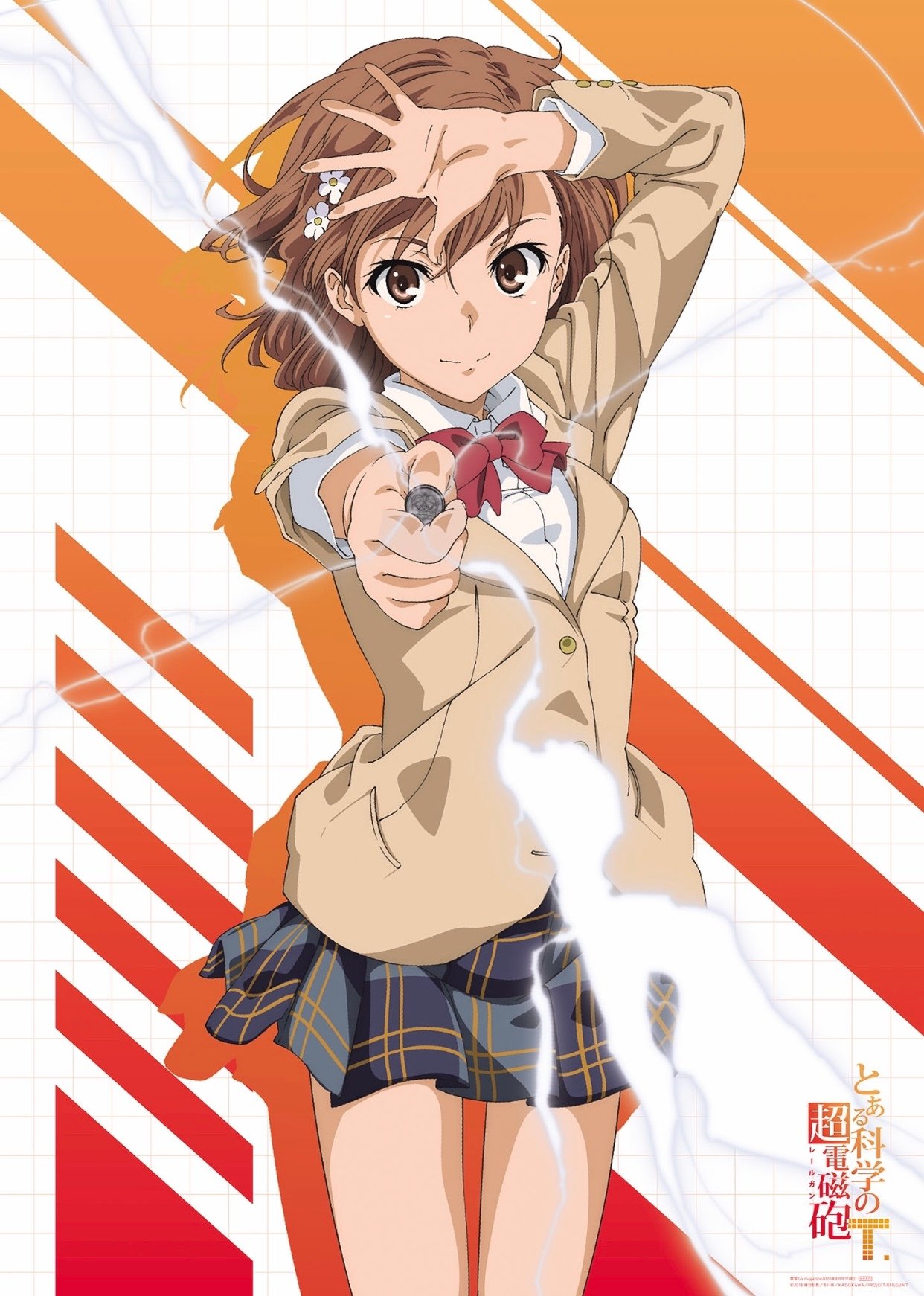 1girl bangs biribiri bow bowtie breasts brown_eyes brown_hair brown_jacket coin copyright_name cover cover_page cowboy_shot dengeki_g's dress_shirt eyebrows_visible_through_hair eyes_visible_through_hair flower foreshortening grey_skirt grid_background hair_between_eyes hair_flower hair_ornament hairclip hand_on_own_head highres holding_coin jacket light_smile looking_at_viewer misaka_mikoto official_art orange_background outstretched_arm plaid plaid_skirt pleated_skirt red_bow red_neckwear scan school_uniform shibukawa_daisuke shirt short_hair skirt small_breasts smile solo striped striped_background to_aru_kagaku_no_railgun to_aru_majutsu_no_index translated white_background white_flower white_shirt