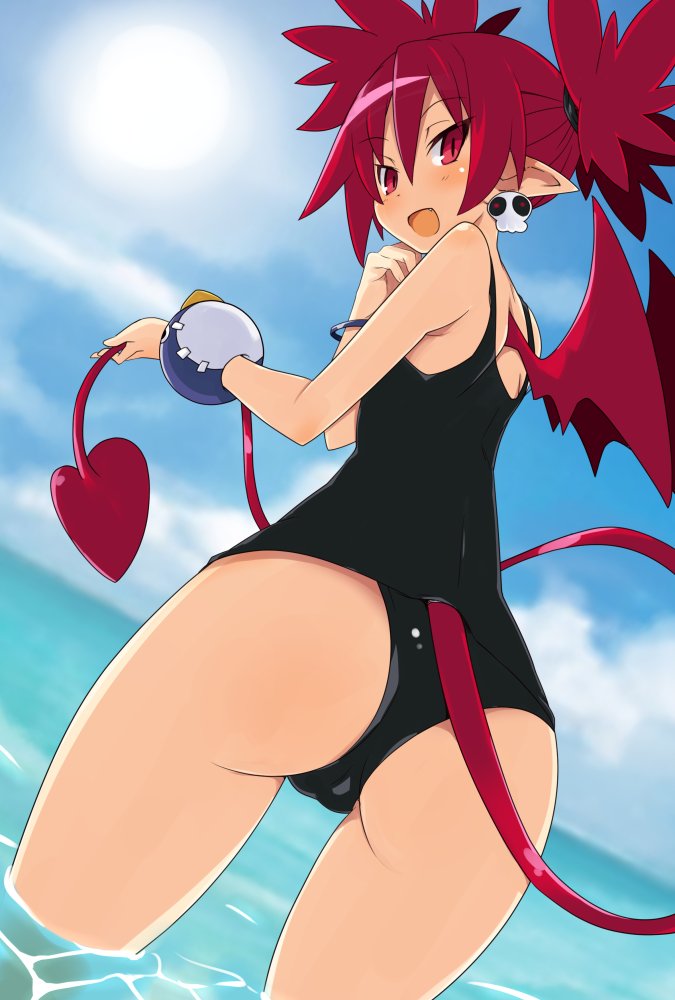 1girl ass bat_wings demon_girl demon_tail demon_wings disgaea earrings etna from_behind iwasi-r jewelry looking_back makai_senki_disgaea mini_wings ocean one-piece_swimsuit open_mouth outdoors pointy_ears red_wings redhead school_swimsuit skull_earrings solo swimsuit tail thigh_gap twintails wings