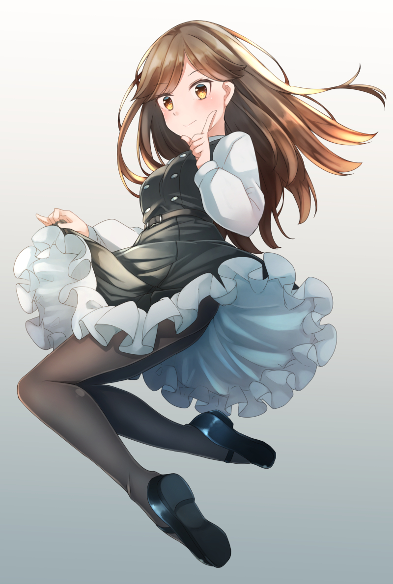 1girl arashio_(kantai_collection) belt belt_buckle black_belt black_dress black_footwear black_legwear blush brown_eyes brown_hair buckle comah dress dress_lift eyebrows_visible_through_hair full_body gradient gradient_background kantai_collection lifted_by_self long_hair long_sleeves pantyhose pinafore_dress remodel_(kantai_collection) shirt shoes smile solo white_shirt