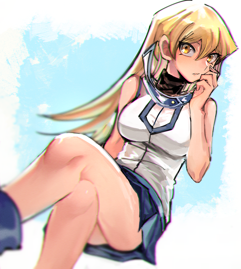 1girl bangs blonde_hair blue_background blue_skirt blurry blurry_background breasts crossed_legs eyebrows_visible_through_hair hair_between_eyes invisible_chair jacket long_hair looking_at_viewer medium_breasts miniskirt parted_lips pleated_skirt shiny shiny_hair shirt sitting sk816 sketch skirt sleeveless sleeveless_jacket solo straight_hair tenjouin_asuka turtleneck two-tone_background uniform very_long_hair white_background white_jacket yellow_eyes yuu-gi-ou yuu-gi-ou_gx