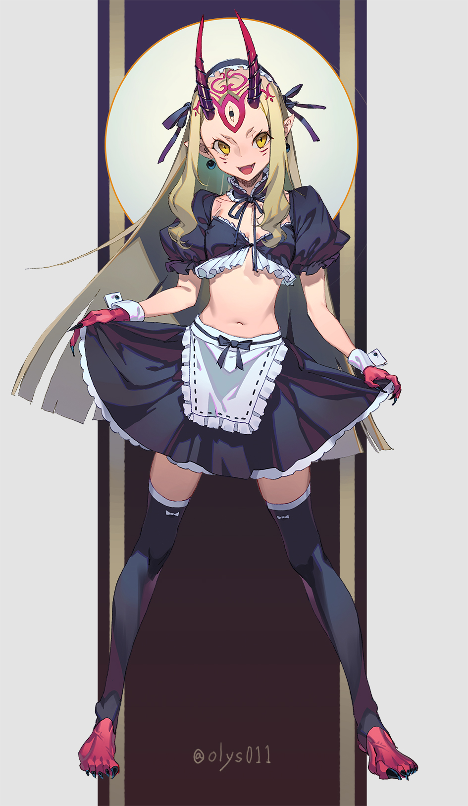 1girl alternate_costume apron barefoot black_legwear black_nails black_ribbon breasts collarbone crop_top earrings enmaided facial_mark fangs fate/grand_order fate_(series) fingernails frills hair_ribbon highres horns ibaraki_douji_(fate/grand_order) jewelry legs_apart long_fingernails maid navel olys oni_horns open_mouth pointy_ears puffy_short_sleeves puffy_sleeves red_skin ribbon sharp_fingernails short_sleeves sidelocks skin_fangs skirt_hold small_breasts smile solo standing stirrup_legwear stomach thigh-highs toeless_legwear twitter_username waist_apron whisker_markings white_apron wrist_cuffs zettai_ryouiki