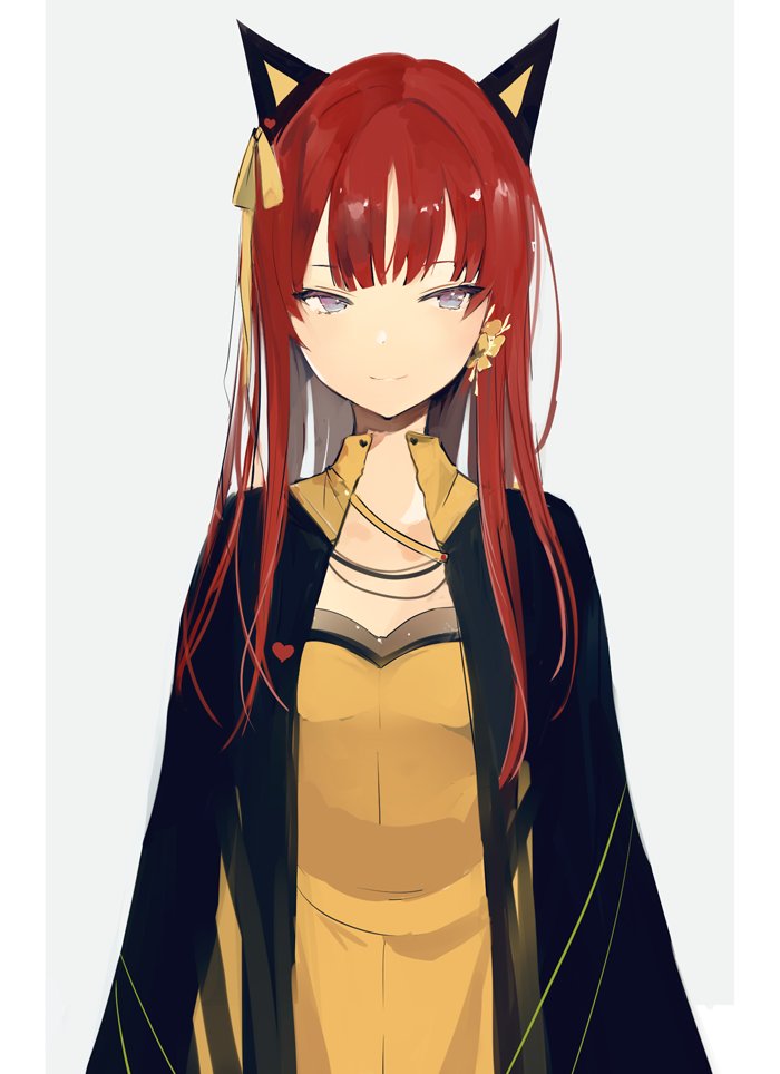 1girl animal_ears black_jacket blue_eyes blush cat_ears closed_mouth commentary dress grey_background hair_ribbon heart jacket looking_at_viewer lpip open_clothes open_jacket original redhead ribbon simple_background smile solo symbol_commentary upper_body yellow_dress yellow_ribbon