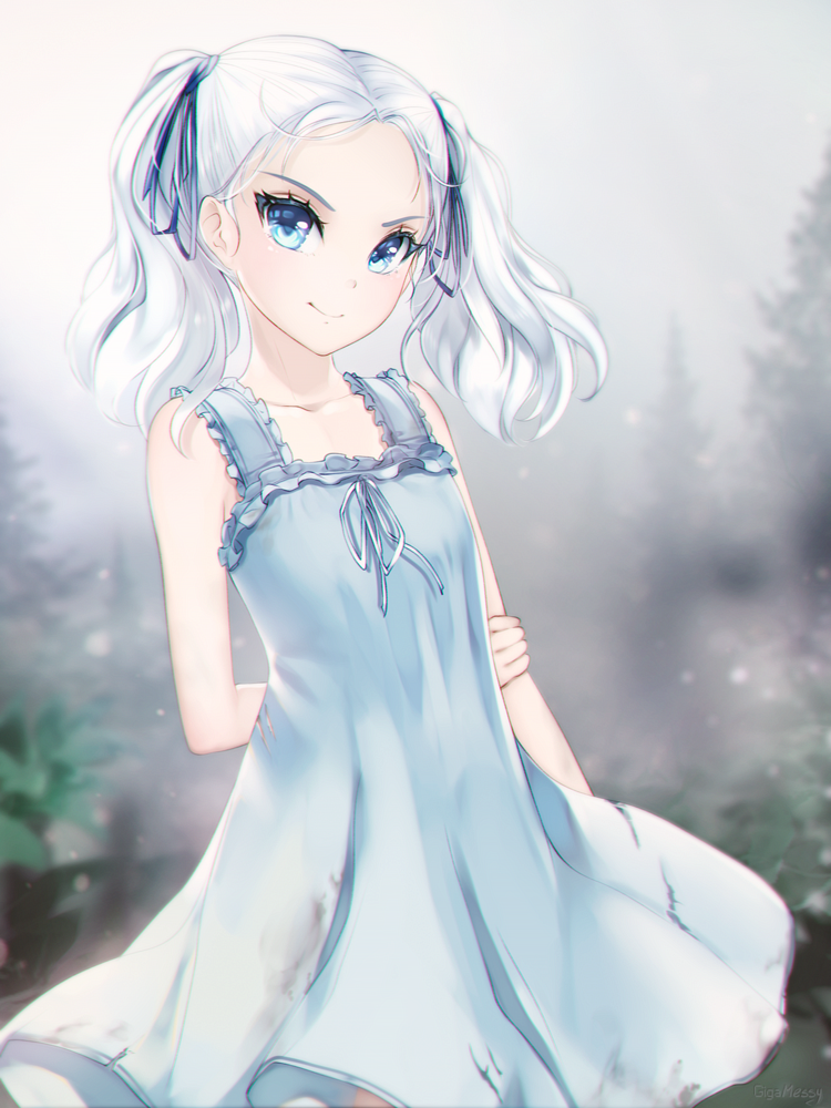 1girl arm_behind_back blue_dress blue_eyes blue_ribbon closed_mouth collarbone dress floating_hair gigamessy hair_ribbon long_hair looking_at_viewer original ribbon silver_hair sleeveless sleeveless_dress smile solo standing sundress twintails