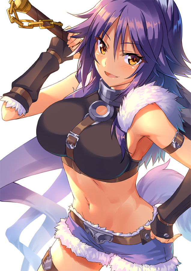 1girl animal_ear_fluff animal_ears arm_belt arm_strap bangs bare_shoulders belt black_shirt blue_shorts blush breasts chain collar crop_top cutoffs detached_sleeves fur-trimmed_shorts fur_trim gia_kon hand_on_hip large_breasts looking_at_viewer makoto_(princess_connect!) medium_hair metal_collar midriff open_mouth princess_connect! princess_connect!_re:dive purple_hair purple_shorts shirt short_shorts shorts sidelocks simple_background smile sword tail thighs weapon white_background wolf_ears wolf_girl wolf_tail yellow_eyes