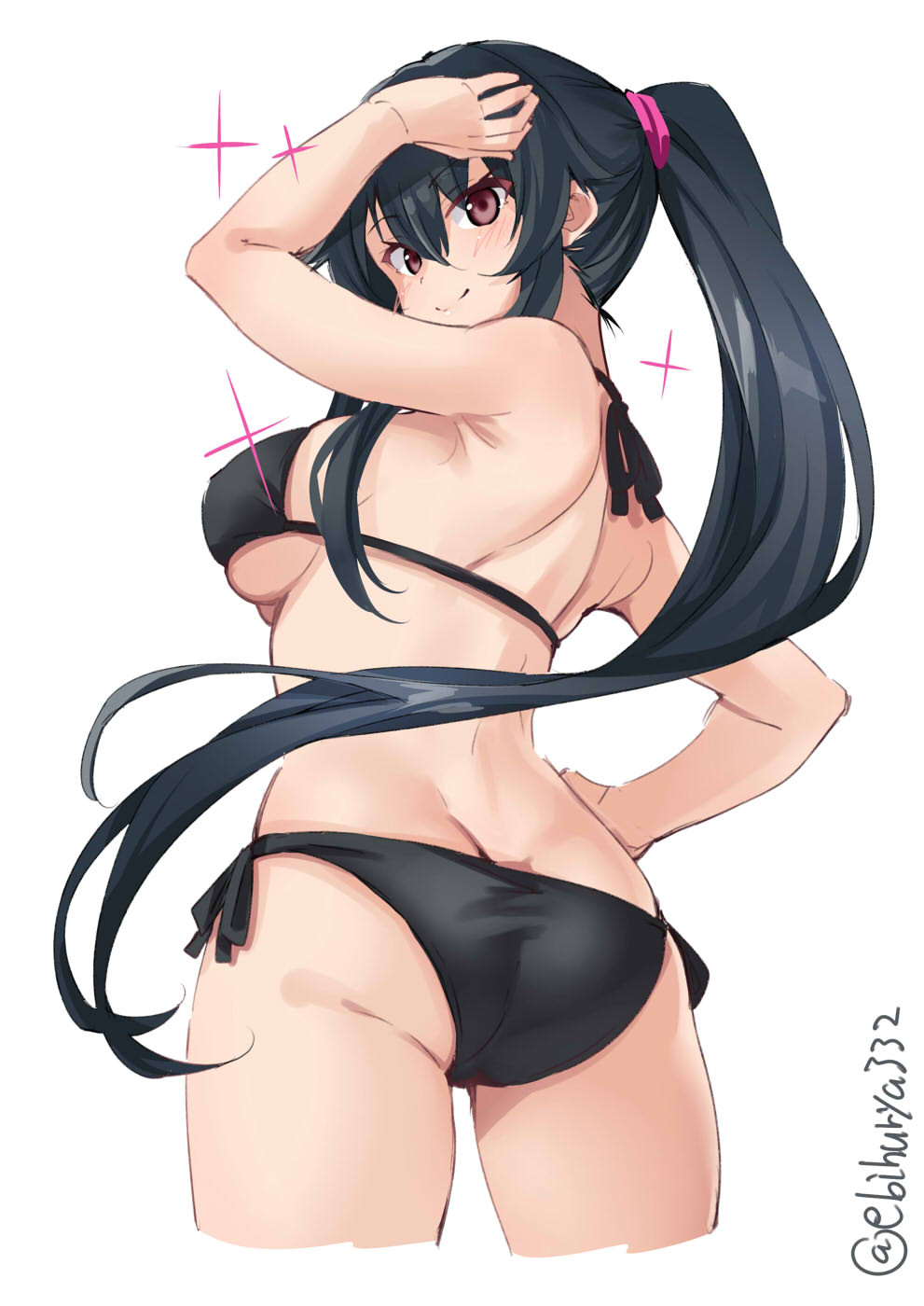 1girl ass back bikini black_bikini black_hair blush breasts cropped_legs ebifurya eyebrows_visible_through_hair hair_between_eyes highres kantai_collection large_breasts long_hair ponytail red_eyes side-tie_bikini simple_background smile solo swimsuit twitter_username very_long_hair white_background yahagi_(kantai_collection)