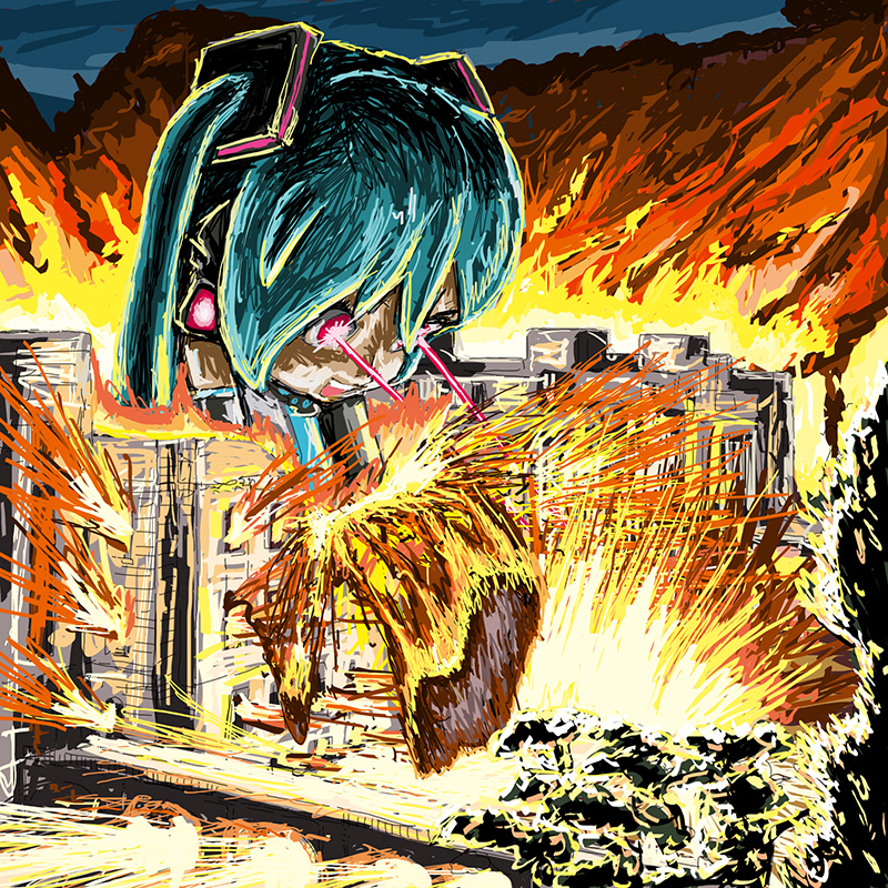 1girl aqua_hair black_sleeves building commentary destruction detached_sleeves explosion fire giantess hair_ornament headphones laser_beam long_hair looking_down mikudayoo open_mouth red_eyes rxjx smile smoke solo standing twintails vocaloid