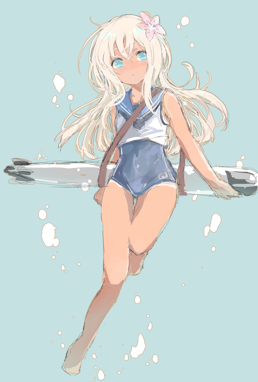 1girl barefoot black_sailor_collar black_swimsuit blonde_hair blue_eyes commentary_request crop_top dress flower full_body hair_flower hair_ornament highres kantai_collection karin_bluez3 long_hair one-piece_tan ro-500_(kantai_collection) sailor_collar sailor_dress school_swimsuit solo swimsuit swimsuit_under_clothes tan tanline torpedo underwater