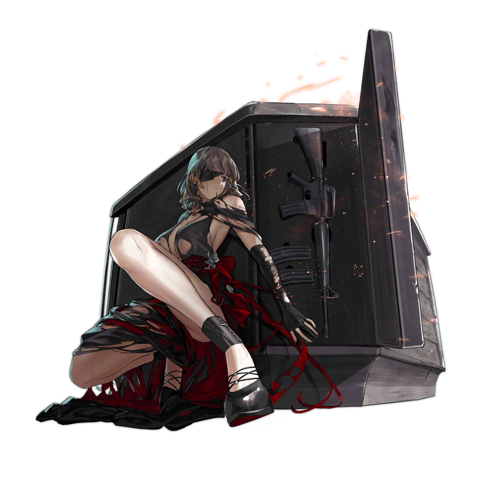 1girl alternate_costume assault_rifle black_dress black_gloves breasts brown_hair closed_mouth damaged dress elbow_gloves eyepatch foreshortening from_below full_body girls_frontline gloves gun high_heels large_breasts long_hair m16 m16a1 m16a1_(girls_frontline) mole mole_under_eye multicolored_hair nail_polish nishiro_ryoujin official_art partly_fingerless_gloves rifle scar scar_across_eye sideboob solo squatting streaked_hair torn_clothes torn_dress torn_gloves transparent_background weapon