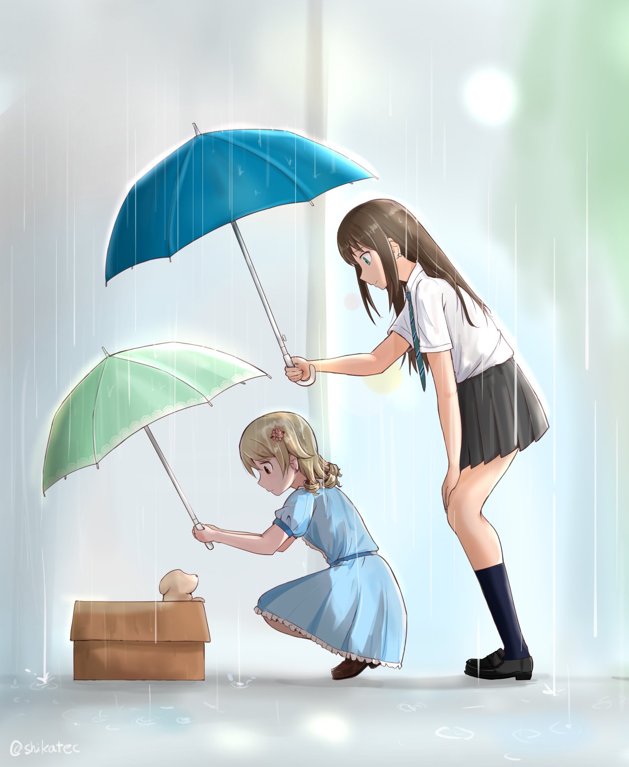 2girls blonde_hair blue_dress box brown_hair cardboard_box dog dress hair_ornament highres holding holding_umbrella idolmaster idolmaster_cinderella_girls idolmaster_cinderella_girls_starlight_stage kneehighs long_hair miniskirt morikubo_nono multiple_girls necktie rain school_uniform shibuya_rin shikamax2 shirt skirt squatting umbrella white_shirt