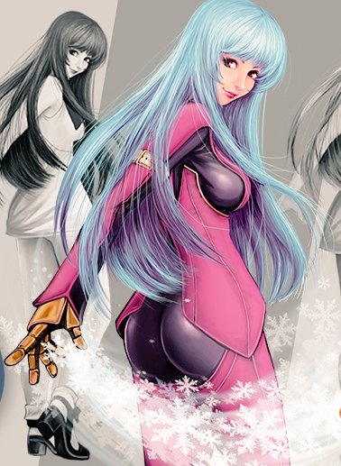 1girl ass belt blue_hair bodysuit breasts gloves kula_diamond long_hair looking_at_viewer medium_breasts smile snowflakes the_king_of_fighters violet_eyes