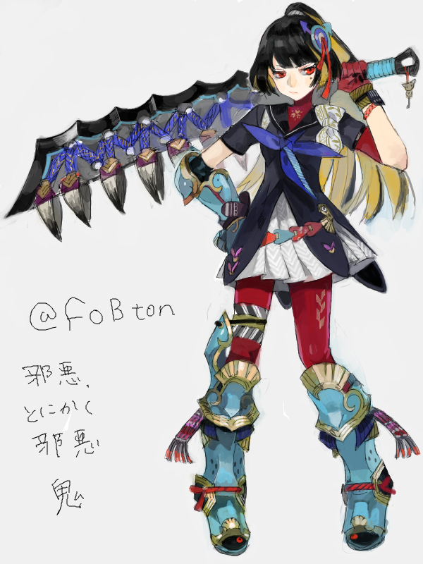 1girl armor black_hair blonde_hair drawr gauntlets greaves hair_ornament high_ponytail holding holding_weapon long_hair mole mole_under_eye multicolored_hair nishihara_isao original over_shoulder red_eyes single_gauntlet solo straight_hair translation_request turtleneck two-tone_hair weapon weapon_over_shoulder