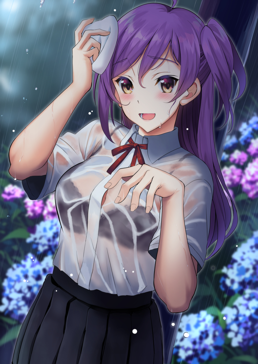 1girl ahoge black_bra black_skirt blouse blush bra breasts eyebrows_visible_through_hair flower hagikaze_(kantai_collection) highres kantai_collection kyougoku_shin long_hair neck_ribbon one_side_up open_mouth pleated_skirt purple_hair red_ribbon ribbon see-through see-through_shirt skirt underwear wet white_blouse yellow_eyes