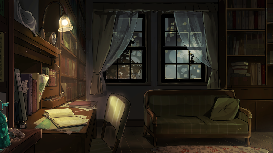 book bookshelf chair couch curtains desk indoors lamp open_book original rug satuma_s scenery window wooden_floor