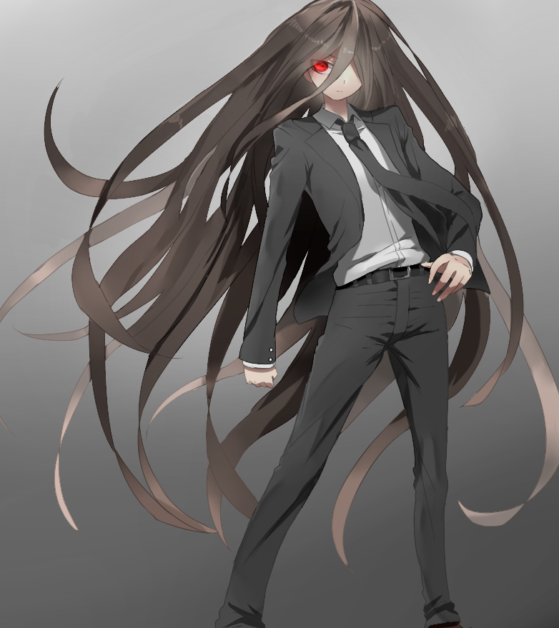 1boy bangs black_jacket black_necktie black_pants black_suit brown_hair clenched_hand closed_mouth collared_shirt danganronpa_(series) danganronpa_2:_goodbye_despair dress_shirt feet_out_of_frame formal gradient gradient_background grey_background grey_shirt hand_on_hip jacket kamukura_izuru leaning_to_the_side long_hair long_sleeves necktie open_clothes open_jacket pants shine5s shiny shiny_hair shirt sideways_glance solo standing suit very_long_hair