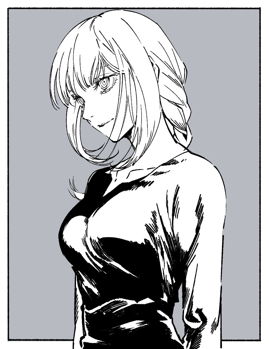 1girl arms_at_sides bangs braid braided_ponytail breasts chainsaw_man expressionless grey_background greyscale looking_to_the_side makima_(chainsaw_man) medium_breasts medium_hair monochrome ringed_eyes shirikon shirt simple_background solo upper_body