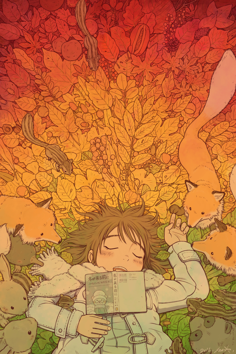 1girl acorn animal autumn autumn_leaves black_hair blush book closed_eyes dated fox highres jacket kohei_nakaya leaf lying maple_leaf mole_(animal) nut_(food) on_back open_mouth original pinecone rabbit saliva scarf signature squirrel tanuki