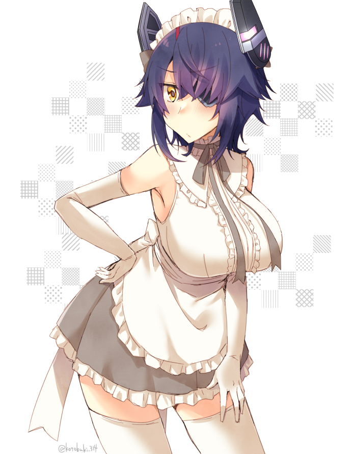 1girl alternate_costume apron blush breasts brown_eyes closed_mouth elbow_gloves eyebrows_visible_through_hair eyepatch gloves hair_over_one_eye hand_on_hip kantai_collection kotobuki_(momoko_factory) large_breasts looking_at_viewer maid maid_apron maid_headdress messy_hair purple_hair short_hair sleeveless solo tenryuu_(kantai_collection) thigh-highs twitter_username white_gloves white_legwear