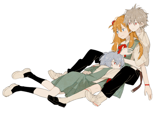 0930erina 1boy 2girls ayanami_rei bangs belt black_footwear black_legwear blue_hair blue_skirt collar eyebrows_visible_through_hair full_body grey_hair hair_between_eyes hair_ornament hairclip hug long_hair multiple_girls nagisa_kaworu neon_genesis_evangelion orange_hair school_uniform shirt shirt_tucked_in short_hair simple_background sitting skirt socks souryuu_asuka_langley white_background white_collar white_footwear white_shirt