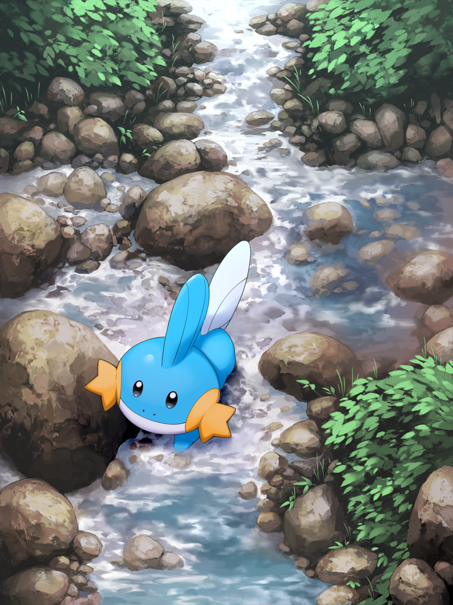 black_eyes commentary_request foliage gen_3_pokemon highres mk_(mikka) mudkip no_humans outdoors pokemon pokemon_(creature) rock starter_pokemon stream wading water