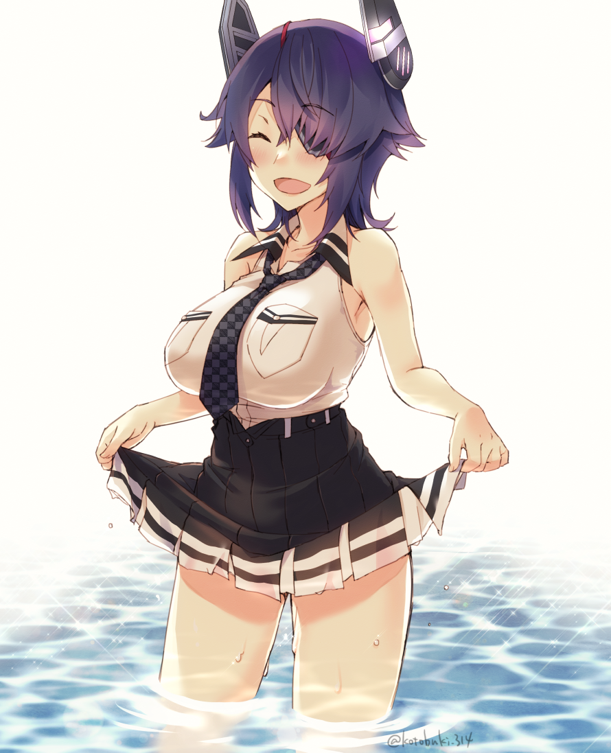 1girl black_skirt blush breast_pocket breasts checkered checkered_neckwear closed_eyes collarbone collared_shirt eyebrows_visible_through_hair eyepatch facing_viewer hair_over_one_eye kantai_collection kotobuki_(momoko_factory) large_breasts messy_hair necktie open_mouth pocket purple_hair remodel_(kantai_collection) shirt short_hair skirt skirt_lift sleeveless smile solo submerged tenryuu_(kantai_collection) thighs twitter_username wading