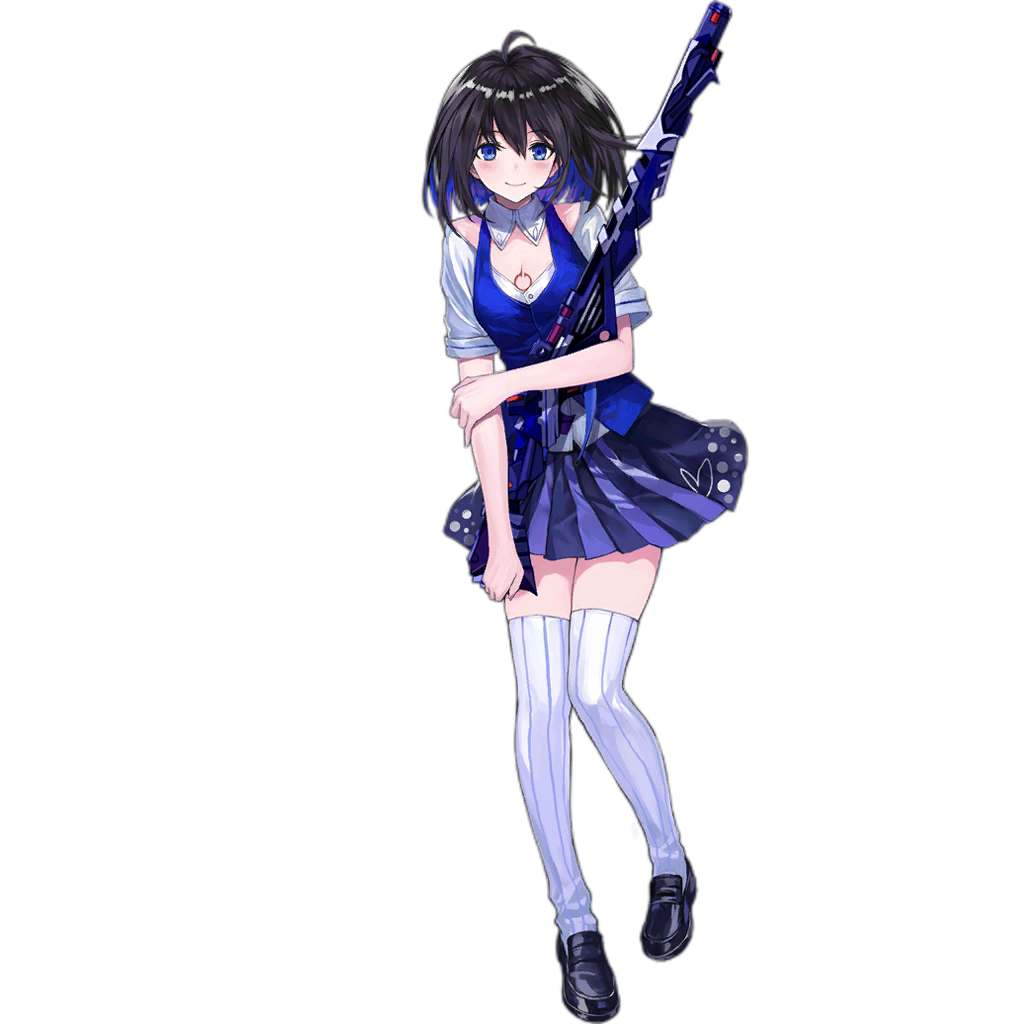 1girl bangs benghuai_xueyuan black_footwear black_hair blouse blue_eyes blue_hair blush closed_mouth collar crossover eyebrows_visible_through_hair full_body girls_frontline gun hair_between_eyes holding holding_gun holding_weapon honkai_(series) infukun loafers looking_at_viewer medium_hair miniskirt multicolored_hair official_art pleated_skirt rifle seele_vollerei shadow shoes skirt smile solo striped striped_legwear striped_skirt thigh-highs transparent_background two-tone_hair vertical-striped_legwear vertical-striped_skirt vertical_stripes vest watermark weapon web_address white_blouse white_collar white_legwear