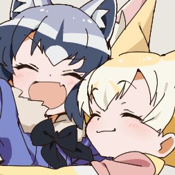 2girls animal_ears blonde_hair blue_shirt close-up closed_eyes commentary common_raccoon_(kemono_friends) fang fennec_(kemono_friends) fox_ears fur-trimmed_shirt fur_trim grey_hair iihoneikotu kemono_friends lowres multiple_girls open_mouth raccoon_ears shirt short_sleeves skin_fang smile v-shaped_eyebrows